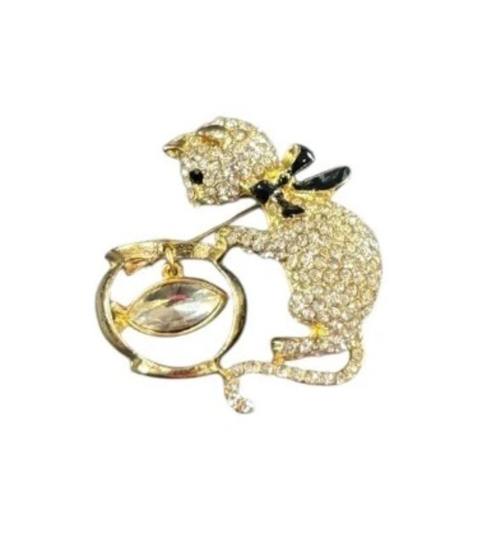 Vintage Rhinestone Cat Brooch Fish Bowl Dangle Gold Tone Kitty Pin